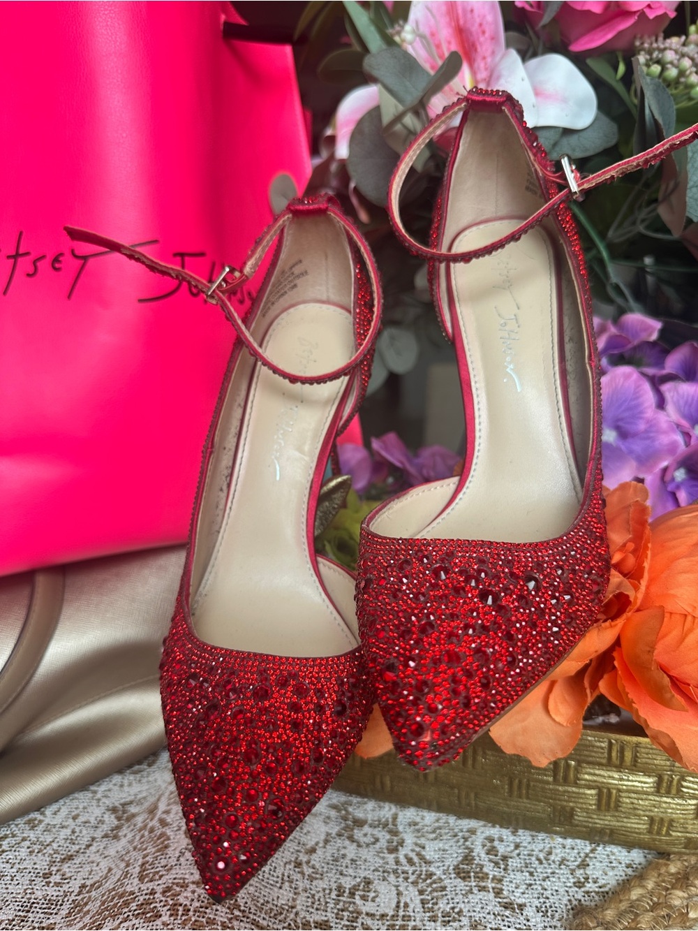 Betsey Johnson Red Crystal Pointed-Toe Ankle-Strap Pumps